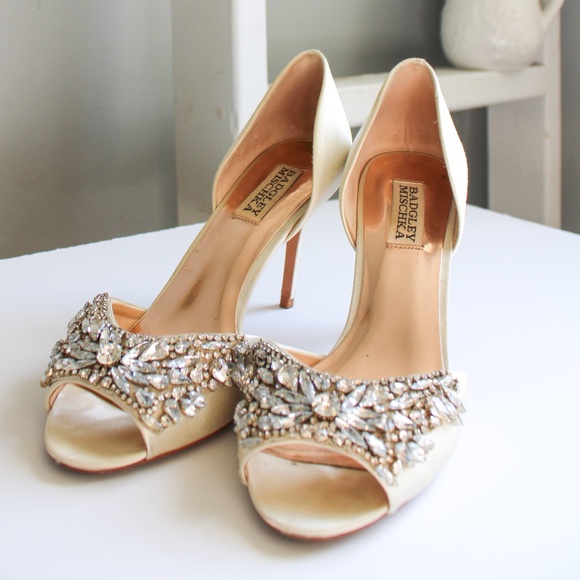 Badgley Mischka Shoes - Badgley Mischka Hansen D’Orsay Rhinestone Peep Toe Satin Heels Size 8